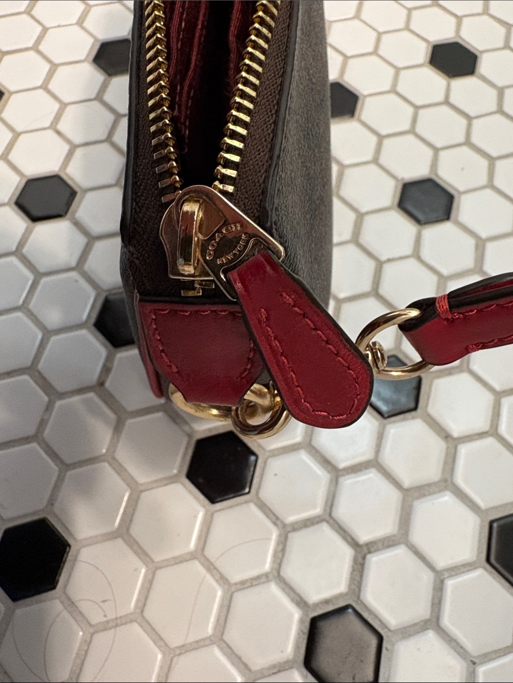 COACH Brown Signature Wristlet with Red Trim and Strap - Picture 7 of 7